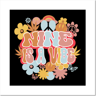 9th Birthday Retro Groovy Shirt, Nine Is a Vibe 9 Year Old Birthday Posters and Art